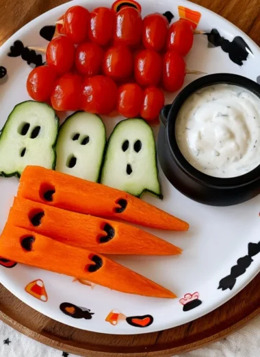 Cozy Halloween snack featuring cute veggie ghosts made from healthy vegetables.