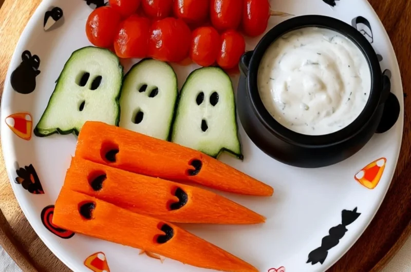 Cozy Halloween snack featuring cute veggie ghosts made from healthy vegetables.