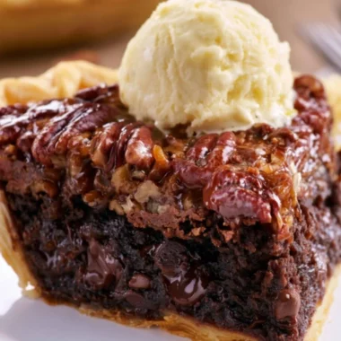 Delicious Brownie Pecan Pie served on a dessert plate with pecans on top