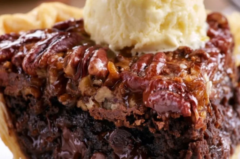 Delicious Brownie Pecan Pie served on a dessert plate with pecans on top