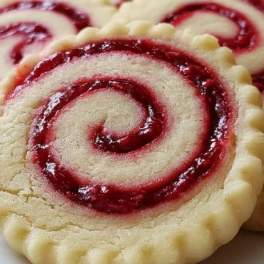 Buttery raspberry swirl shortbread cookies on a decorative plate