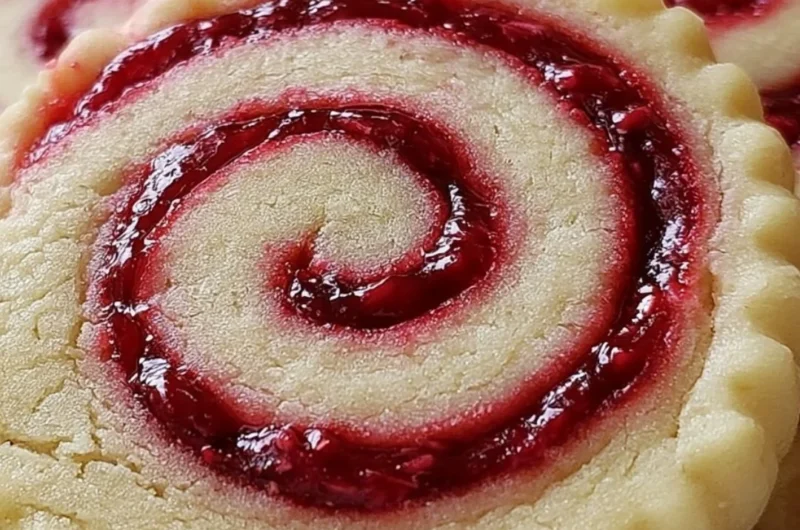 Buttery raspberry swirl shortbread cookies on a decorative plate