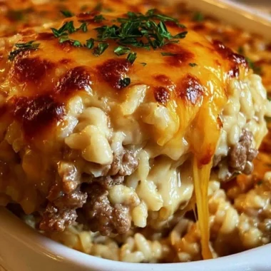 Delicious cheesy ground beef rice casserole served in a baking dish