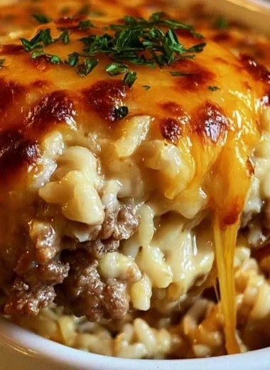 Delicious cheesy ground beef rice casserole served in a baking dish