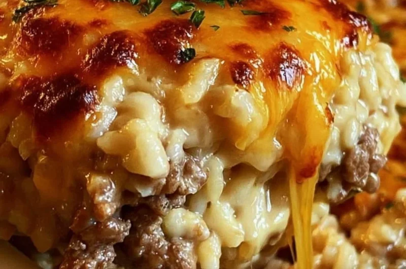 Delicious cheesy ground beef rice casserole served in a baking dish