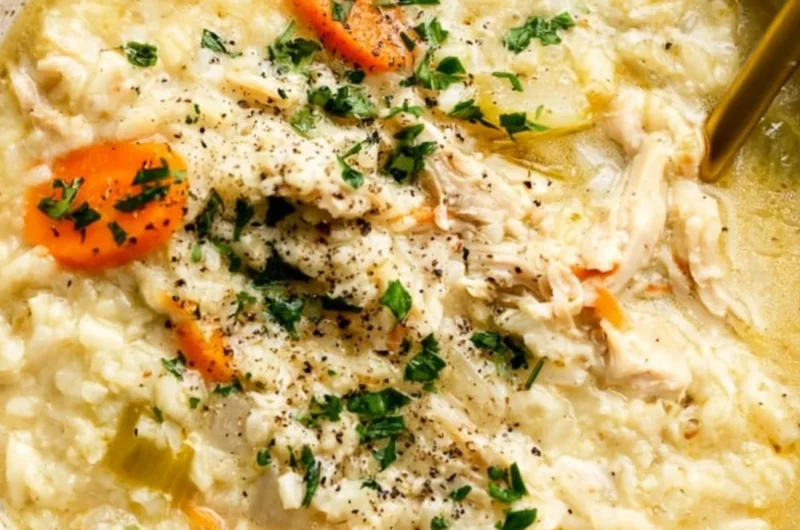 Bowl of homemade Chicken and Rice Soup with fresh herbs and vegetables