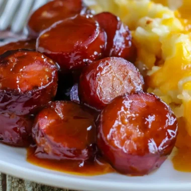 Cozy baked BBQ sausage dish served on a plate with herbs