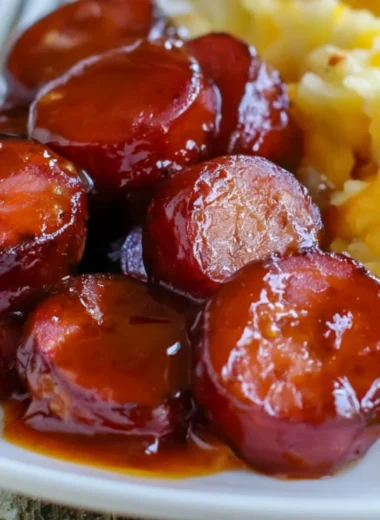 Cozy baked BBQ sausage dish served on a plate with herbs