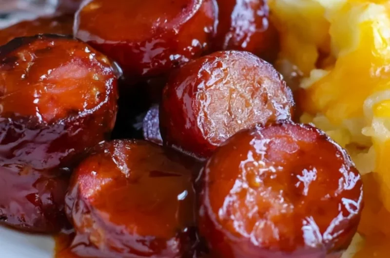 Cozy baked BBQ sausage dish served on a plate with herbs