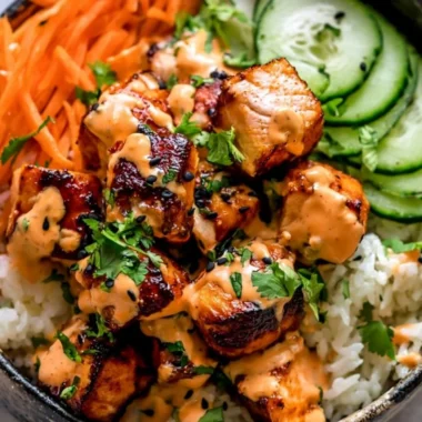 Delicious cozy Bang Bang salmon bowl with fresh vegetables and sauce
