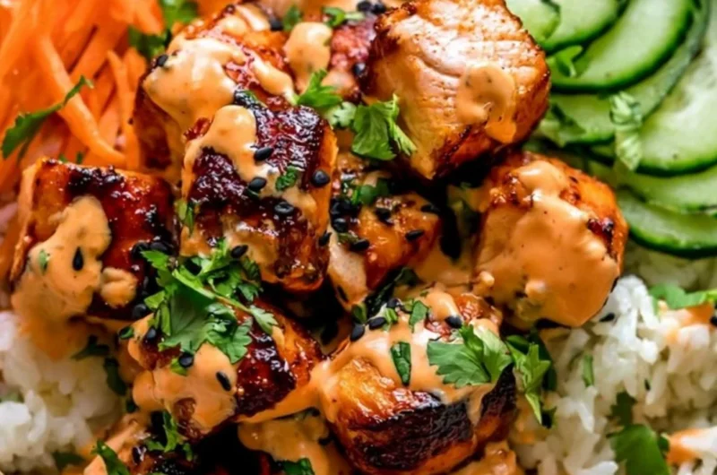Delicious cozy Bang Bang salmon bowl with fresh vegetables and sauce