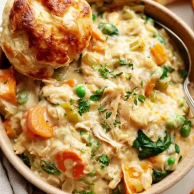 Cozy crustless chicken pot pie filled with tender chicken and vegetables