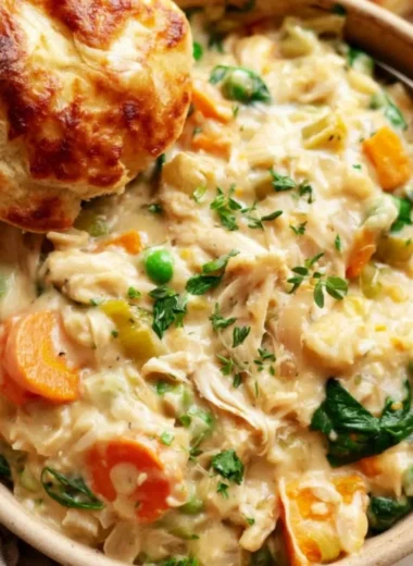 Cozy crustless chicken pot pie filled with tender chicken and vegetables