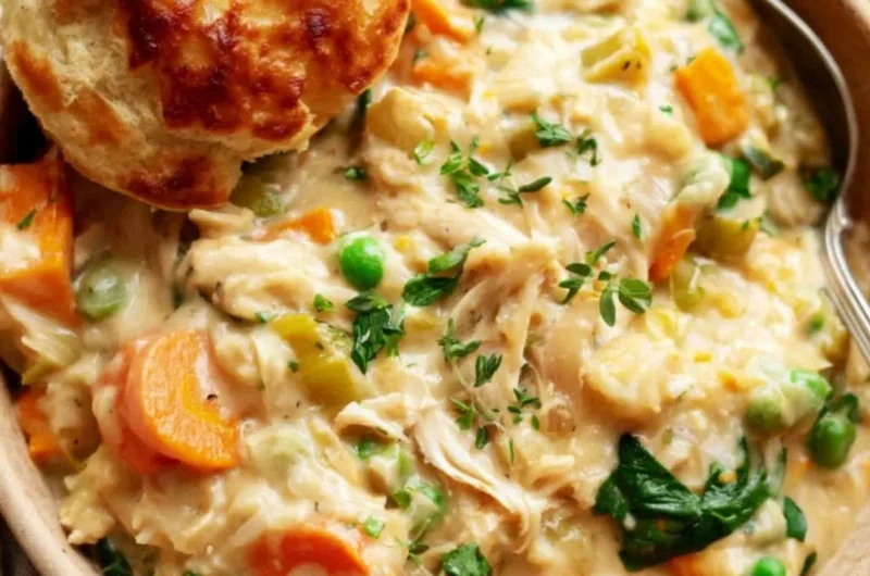 Cozy crustless chicken pot pie filled with tender chicken and vegetables