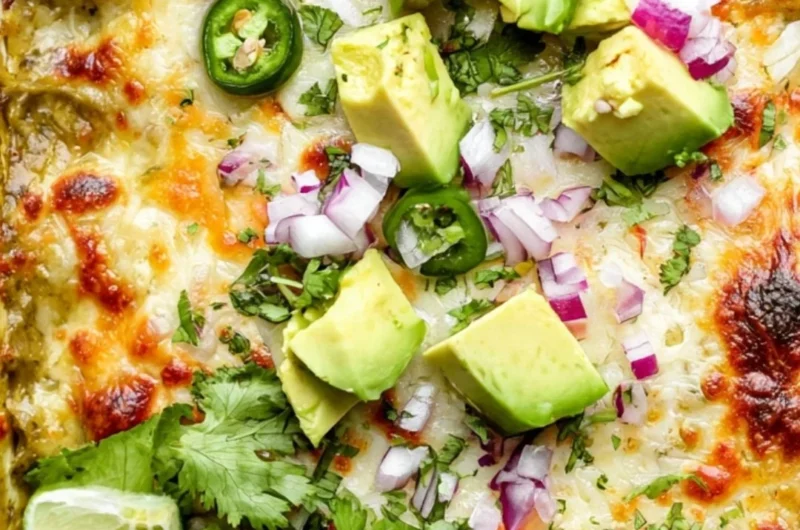 Cozy green chicken enchilada casserole baked in a dish