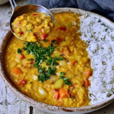 Bowl of cozy red lentil dahl topped with fresh herbs.