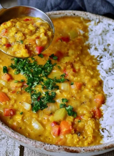 Bowl of cozy red lentil dahl topped with fresh herbs.