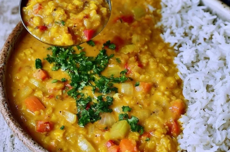 Bowl of cozy red lentil dahl topped with fresh herbs.