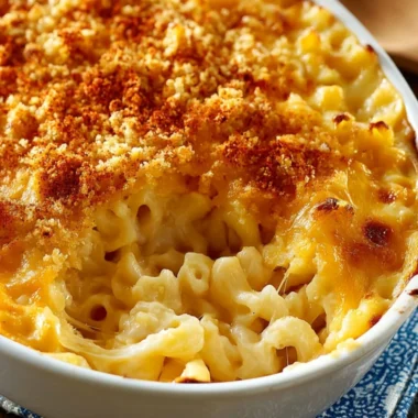 Creamy baked macaroni and cheese dish topped with breadcrumbs and melted cheese