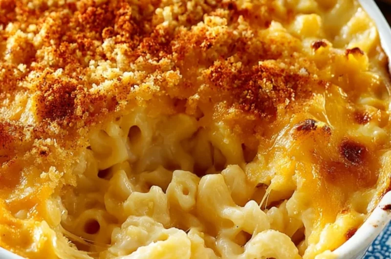 Creamy baked macaroni and cheese dish topped with breadcrumbs and melted cheese