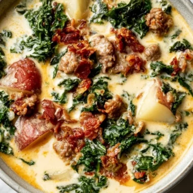 Delicious creamy Tuscany soup served in a bowl with fresh herbs and bread