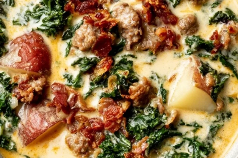 Delicious creamy Tuscany soup served in a bowl with fresh herbs and bread