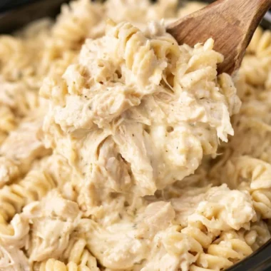Crockpot Garlic Parmesan Chicken Pasta served in a bowl