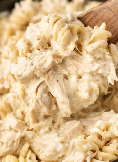 Crockpot Garlic Parmesan Chicken Pasta served in a bowl