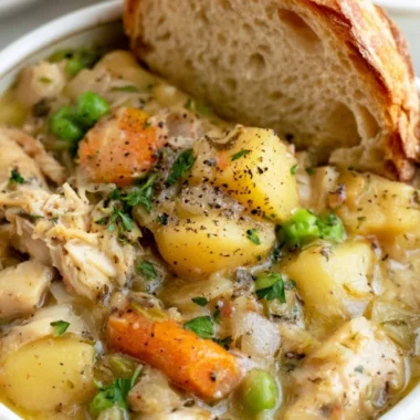 Bowl of easy slow cooker chicken stew with vegetables and herbs