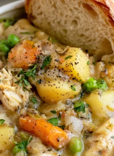 Bowl of easy slow cooker chicken stew with vegetables and herbs