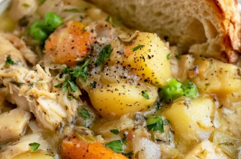 Bowl of easy slow cooker chicken stew with vegetables and herbs