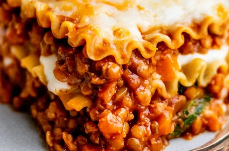 Delicious easy vegan lentil lasagna layered with vegetables and rich tomato sauce