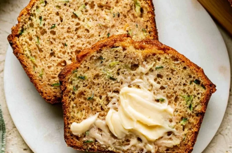 Baked Greek yogurt zucchini bread sliced on a wooden board