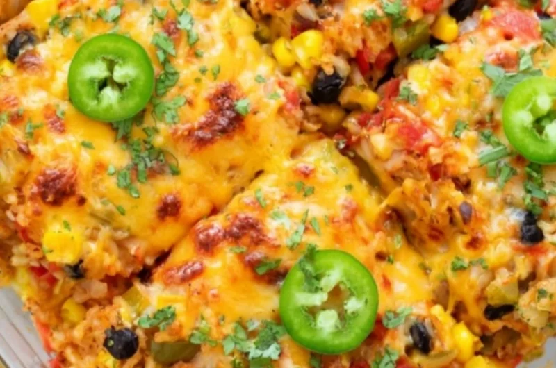 Healthy vegetarian rice and bean casserole served in a vibrant dish