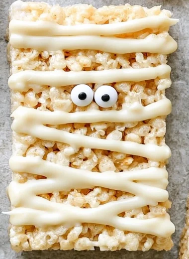 Cute Mummy Rice Krispie Treats decorated for Halloween