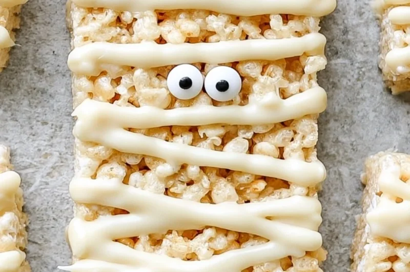 Cute Mummy Rice Krispie Treats decorated for Halloween