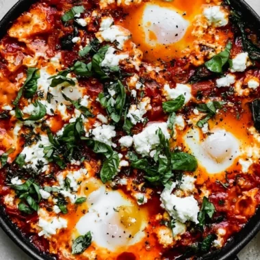 No-Bake Stovetop Shakshuka served in a skillet with eggs and tomatoes