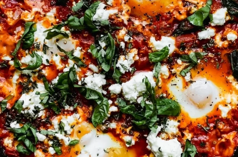 No-Bake Stovetop Shakshuka served in a skillet with eggs and tomatoes