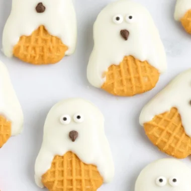 Nutter Butter Ghost Cookies decorated for Halloween