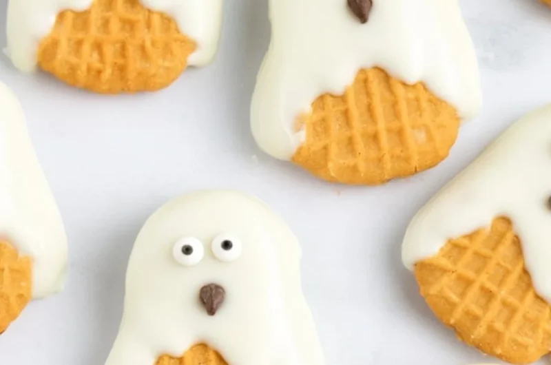 Nutter Butter Ghost Cookies decorated for Halloween