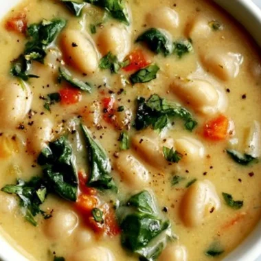 High protein white bean soup in a bowl, garnished with herbs, ready to serve.