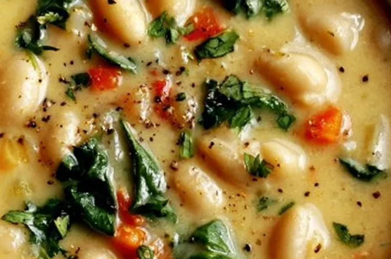 High protein white bean soup in a bowl, garnished with herbs, ready to serve.