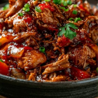 Delicious Slow Cooker Sweet Chili Chicken served with rice and vegetables.