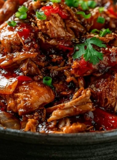 Delicious Slow Cooker Sweet Chili Chicken served with rice and vegetables.