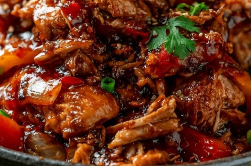 Delicious Slow Cooker Sweet Chili Chicken served with rice and vegetables.