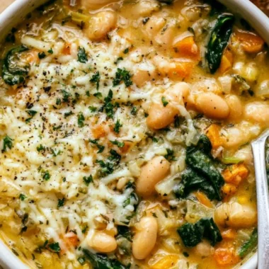 Bowl of creamy white bean soup garnished with herbs and spices