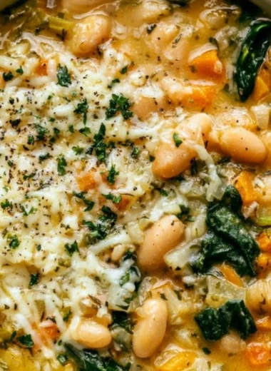 Bowl of creamy white bean soup garnished with herbs and spices
