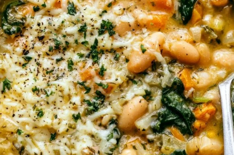 Bowl of creamy white bean soup garnished with herbs and spices