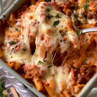 Easy 5-ingredient baked ziti in a baking dish, topped with cheese.