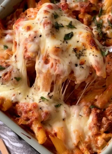 Easy 5-ingredient baked ziti in a baking dish, topped with cheese.